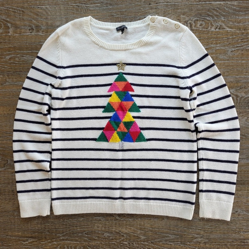 Talbots Christmas Tree Striped Sweater Ivory Navy Blue Lambswool Blend Medium
